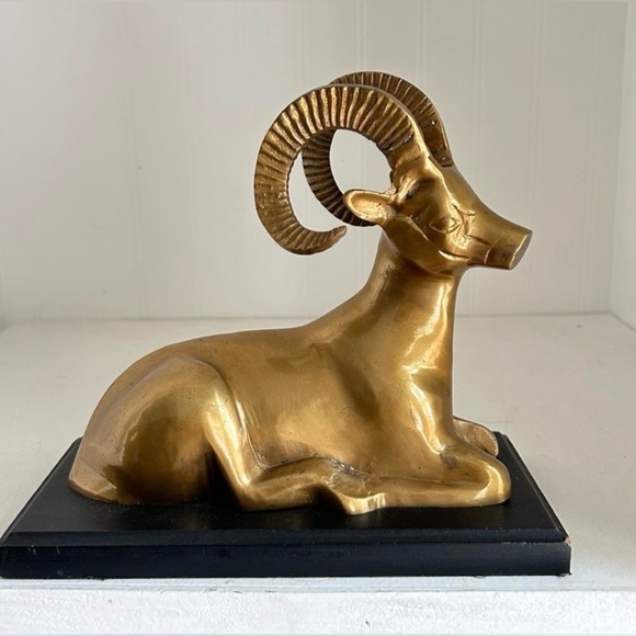 Vintage Other - Vintage Midcentury Brass Big Horn Ram Gazelle Antelope Statue Sculpture